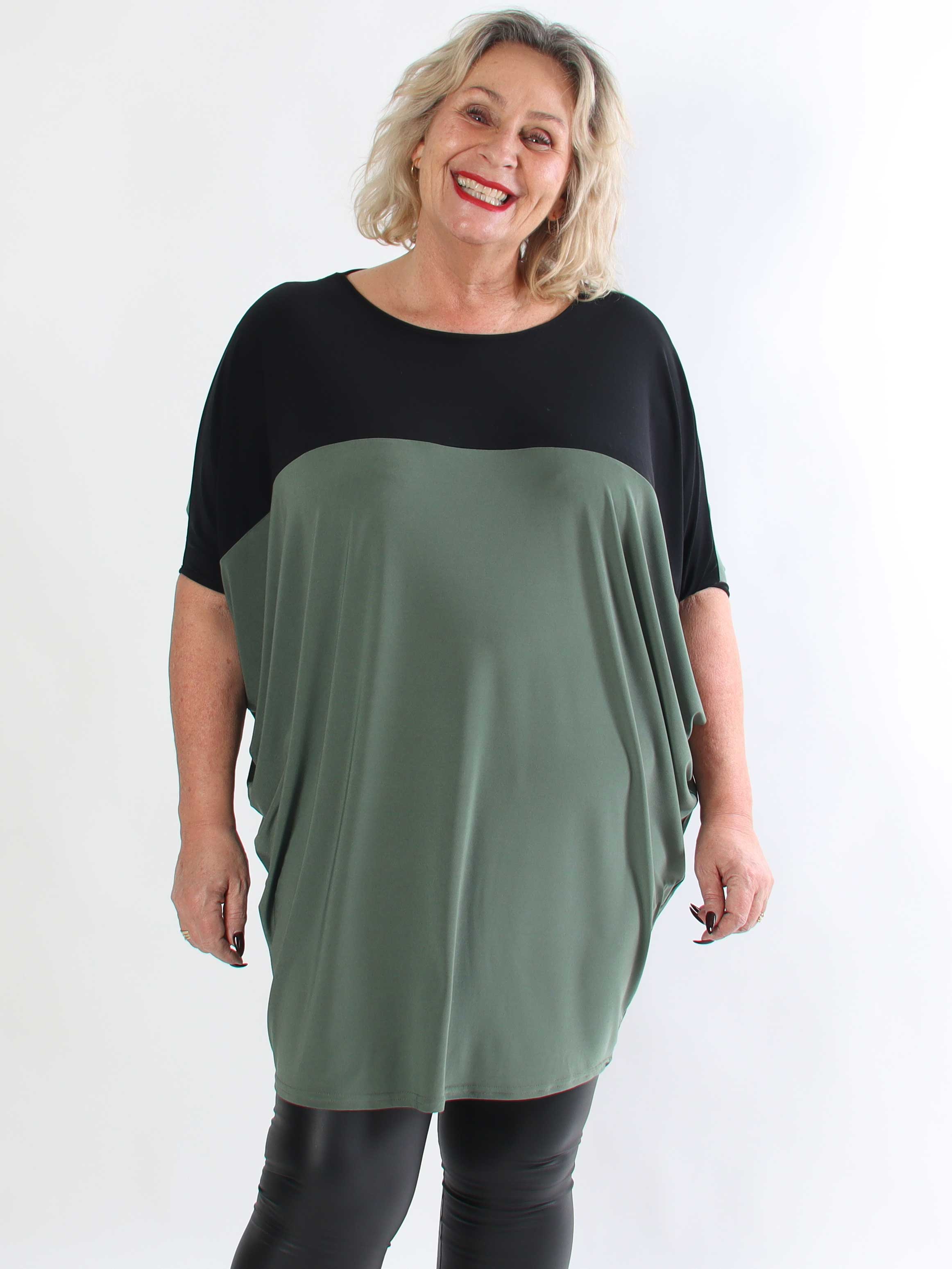 Spencer - Elastisk tofarvet plus size tunikakjole med flagermusærmer